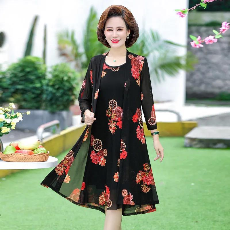 2022 Summer Net Yarn 2 Piece Set Dress Cardigan Women 5XL Party Midi Print Flower Dresses Elegant Vintage Robe Female alx