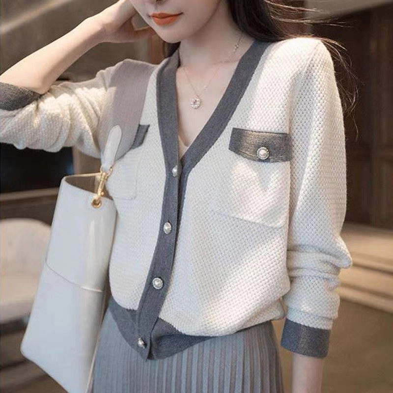 Autumn and winter new cardigan sweater 100% wool knitted colorblock v tie pocket pearl button women’s jacket main style 2022 alx