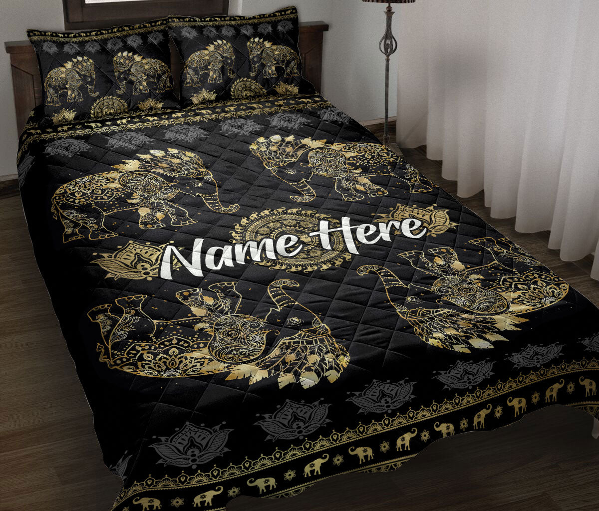 Personalized Elephant Quilt Set, Elephant Floral Mandala Quilt Blanket With Pillowcases, Custom Name Quilt Bedding Set