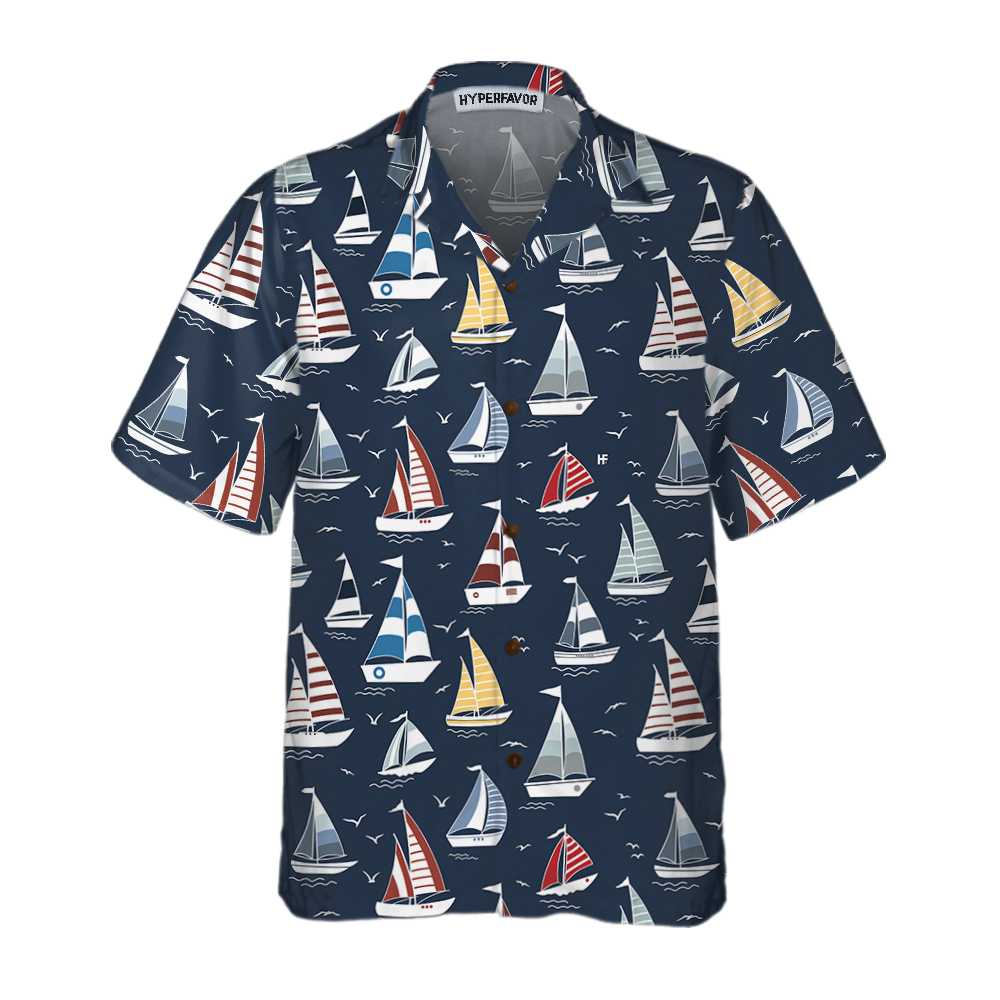 Cartoon Boat Pattern Hawaii Short Sleeve Sailboat Unique Nautical Shirt Ha90127