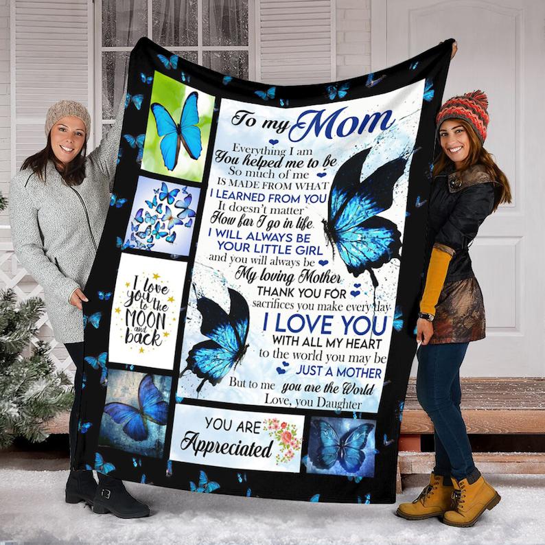 To My Mom Blue Butterfly Fleece Blanket,Sherpa Blanket,Anniversary,Gift For Mom Family Home Decor Bedding Couch Sofa Soft And Comfy Cozy