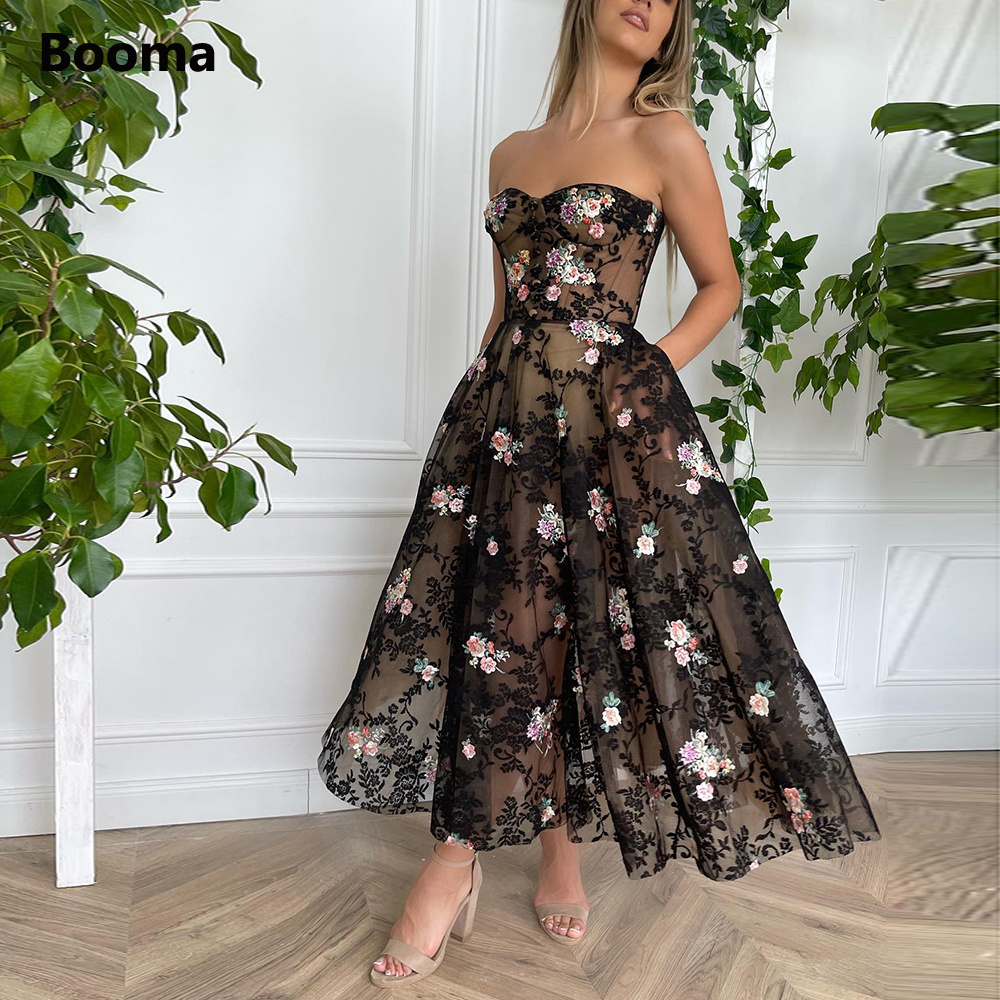 Booma Elegant Black Lace Midi Prom Dresses Sweetheart Appliques Tea-Length A-Line Party Dresses with Pockets Formal Prom Gowns alx