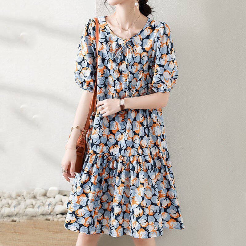 2022 Summer New Ladies Puff Sleeve Printing Elegant Dresses Fashion Female Clothing O-Neck Lacing Loose Casual Dress for Women alx