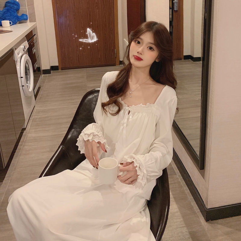 Sweet White Nightgowns Women French Princess Style Retro Dress Ruffles Bows Ladies Elegant Females Loose Lace Midi Sleepwear alx