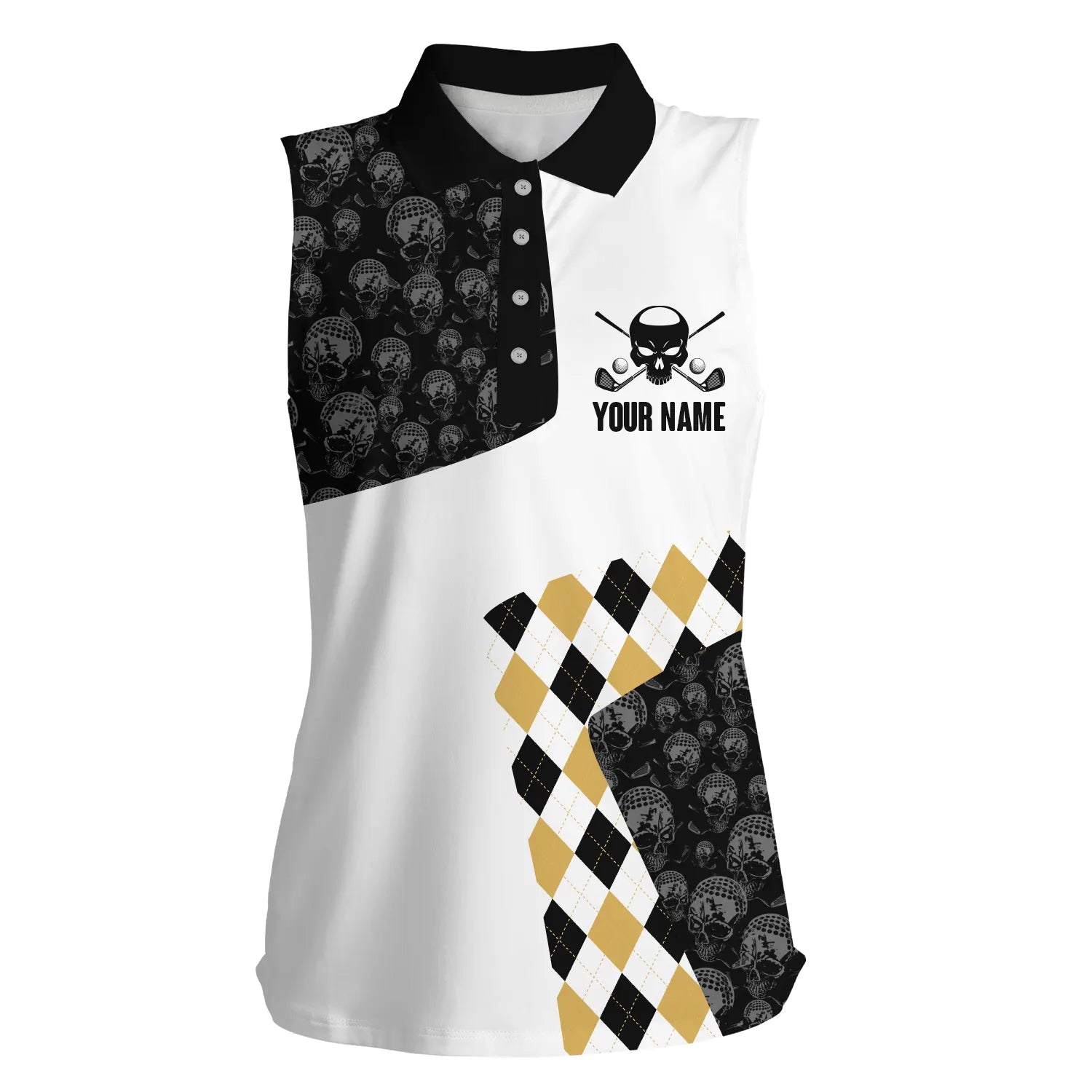 Womens Sleeveless Polo Shirt Custom Golf Skull Argyle Pattern Golf Tournament Polo Shirt, Golf Jerseys