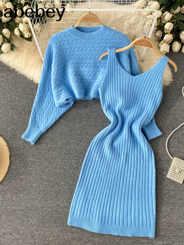 Women Elegant Slim Two Piece Sets Female Sweater Dress Autumn Winter High Waist Knitted Ensemble Femme Medium Long Party Dresses alx