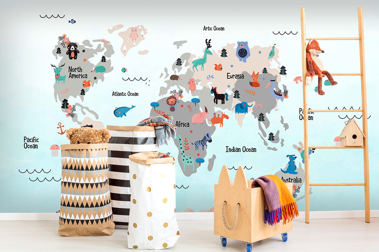 3D Cartoon Animals World Map Wall Mural Wallpaper Lqh 20