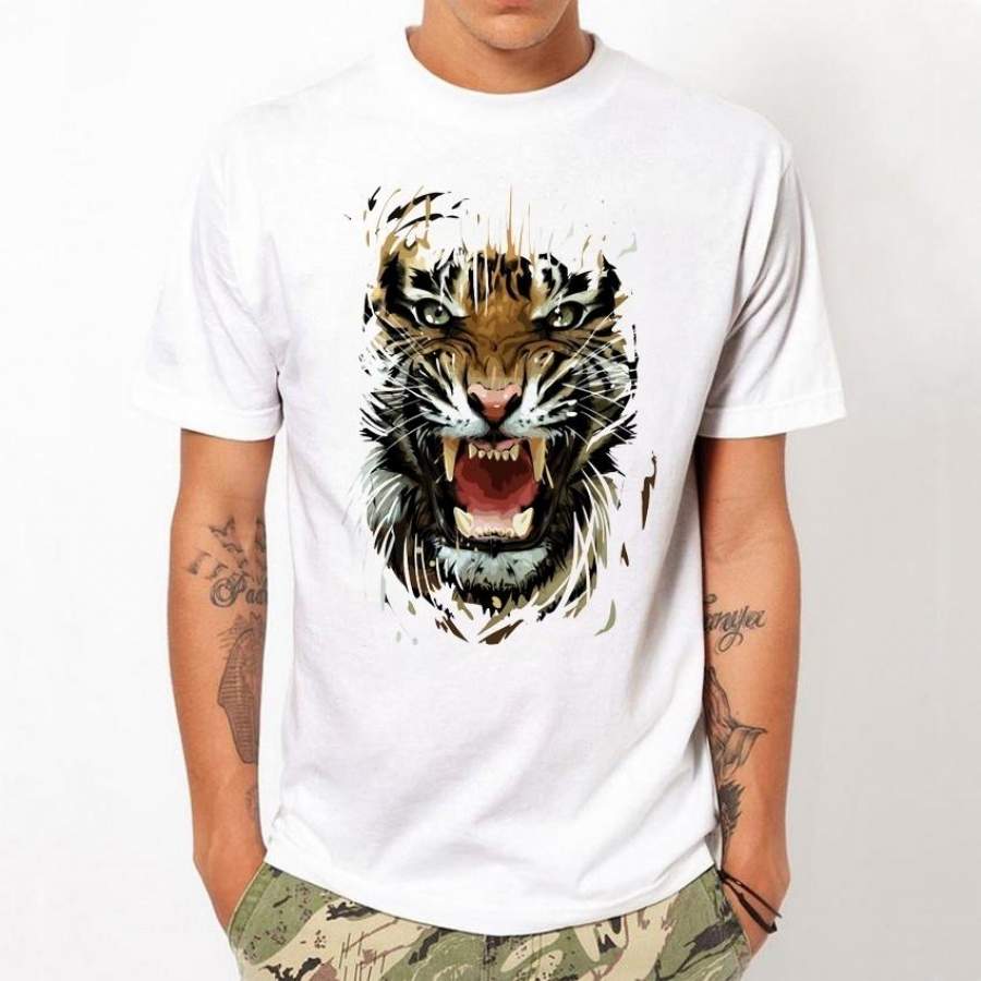 Tiger Vintage Printed Men T-Shirt Tiger Emblems Design Men Short Sleeve Tops