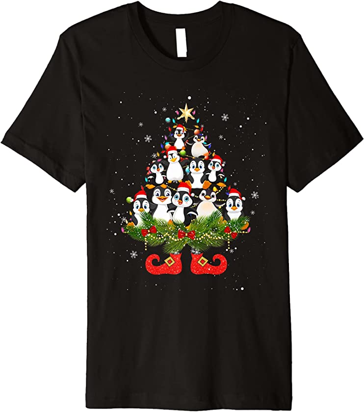 Penguins Christmas Tree Lights Funny Santa Hat Lover Premium T-Shirt