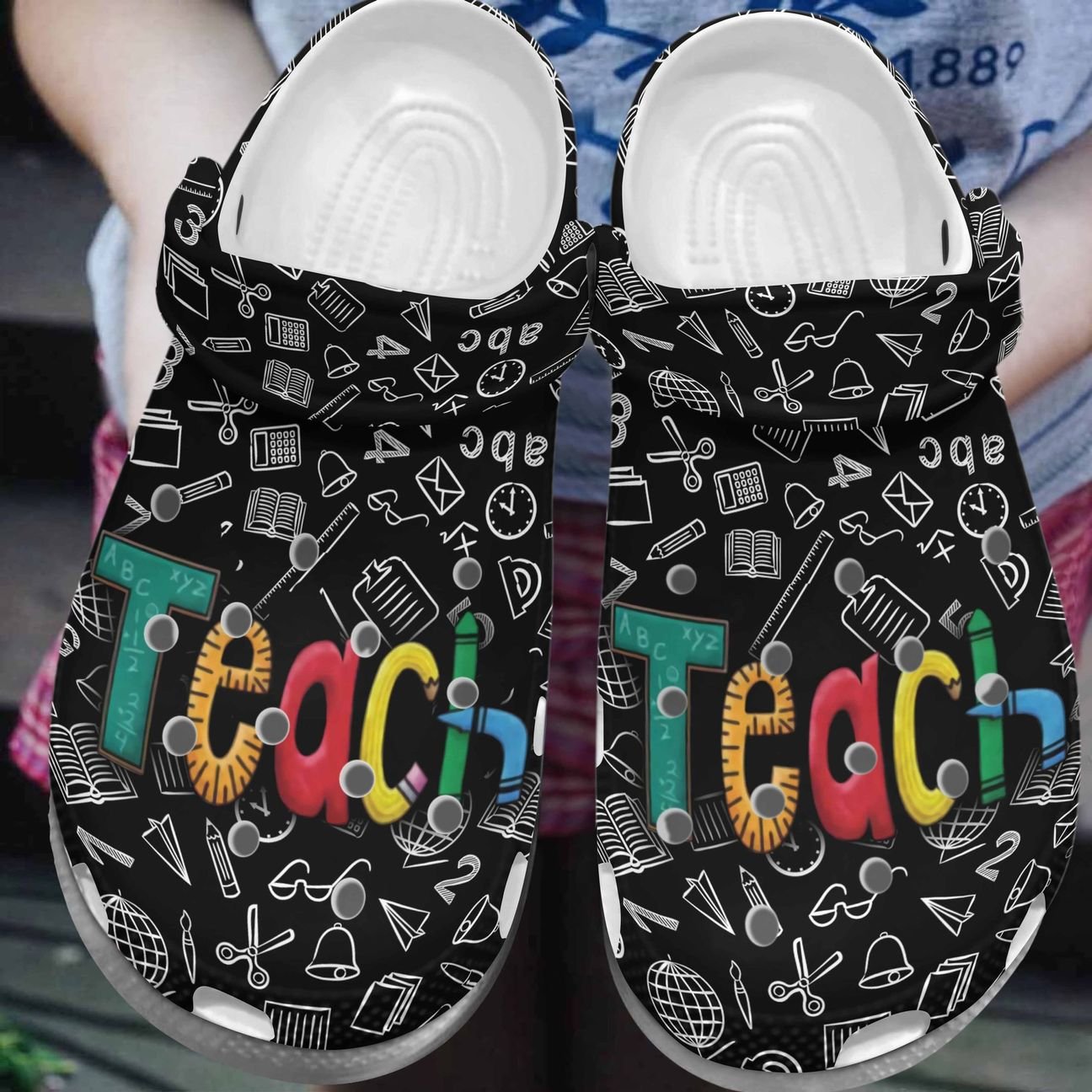 Teacher Personalized Clog, Custom Name, Text, Color, Number Fashion Style For Women, Men, Kid, Print 3D Teacher Seamless Pattern