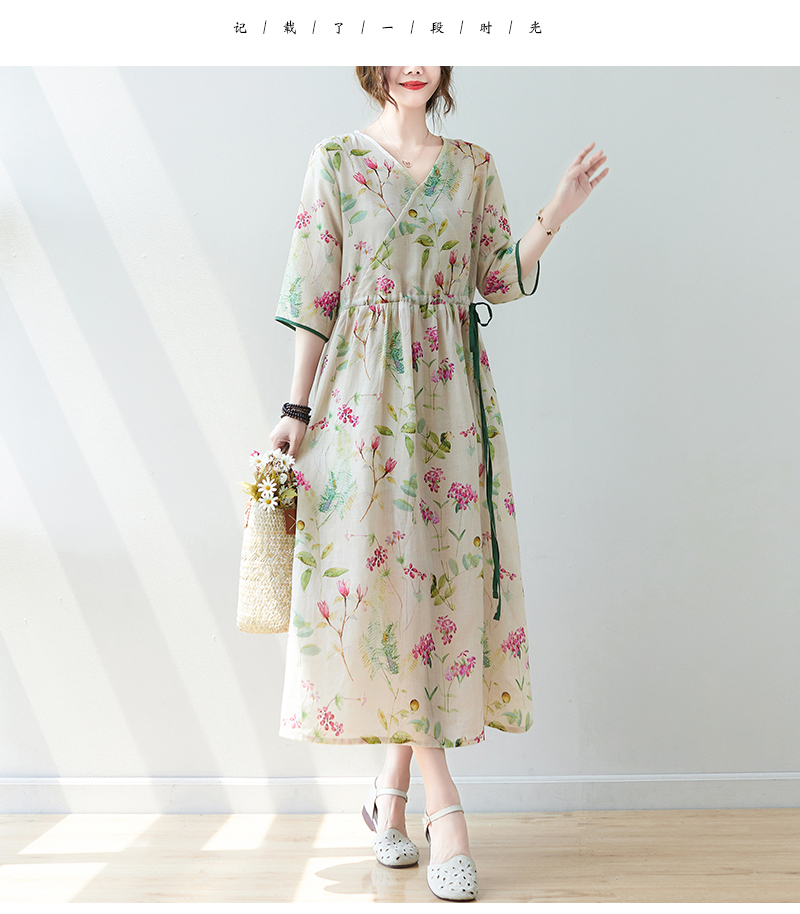 2022 New Fashion Casual Loose Dress Floral Print Vintage V-Neck Half Sleeve Women Summer Elegant Drawstring Dresses Clothing alx