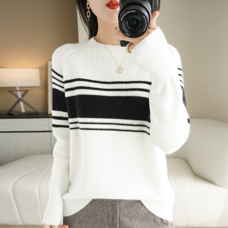 Autumn Winter Women Cashmere Wool Blended Sweater O-neck Middle Color Striped Pullover Warm Loose Knit Bottoming Coat Ladies alx