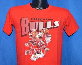 80s Chicago Bulls Jack Davis Cartoon Bull Dunk Red Vintage T-shirt 3024