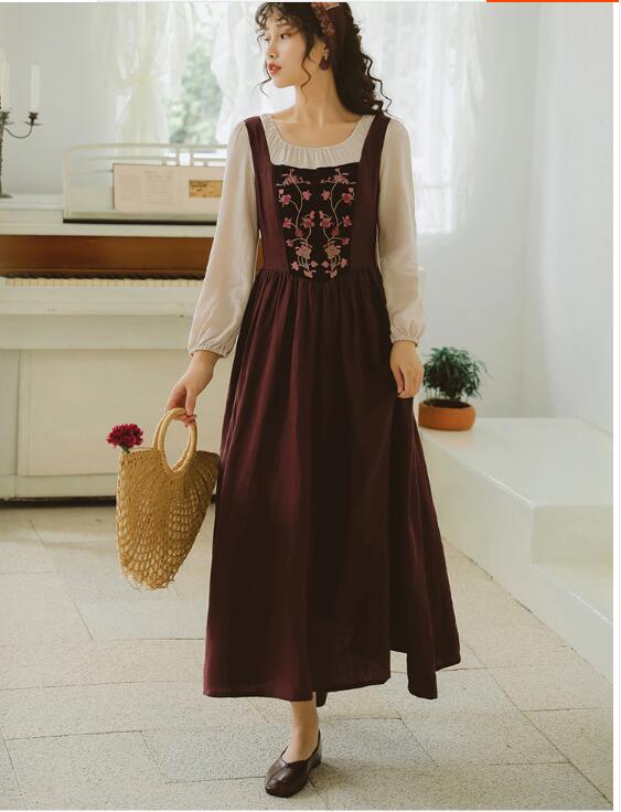 2019Autumn Winter New Arrival Retro Round Collar Flower Embroidery Long Sleeve Woman Cotton Long Dress alx