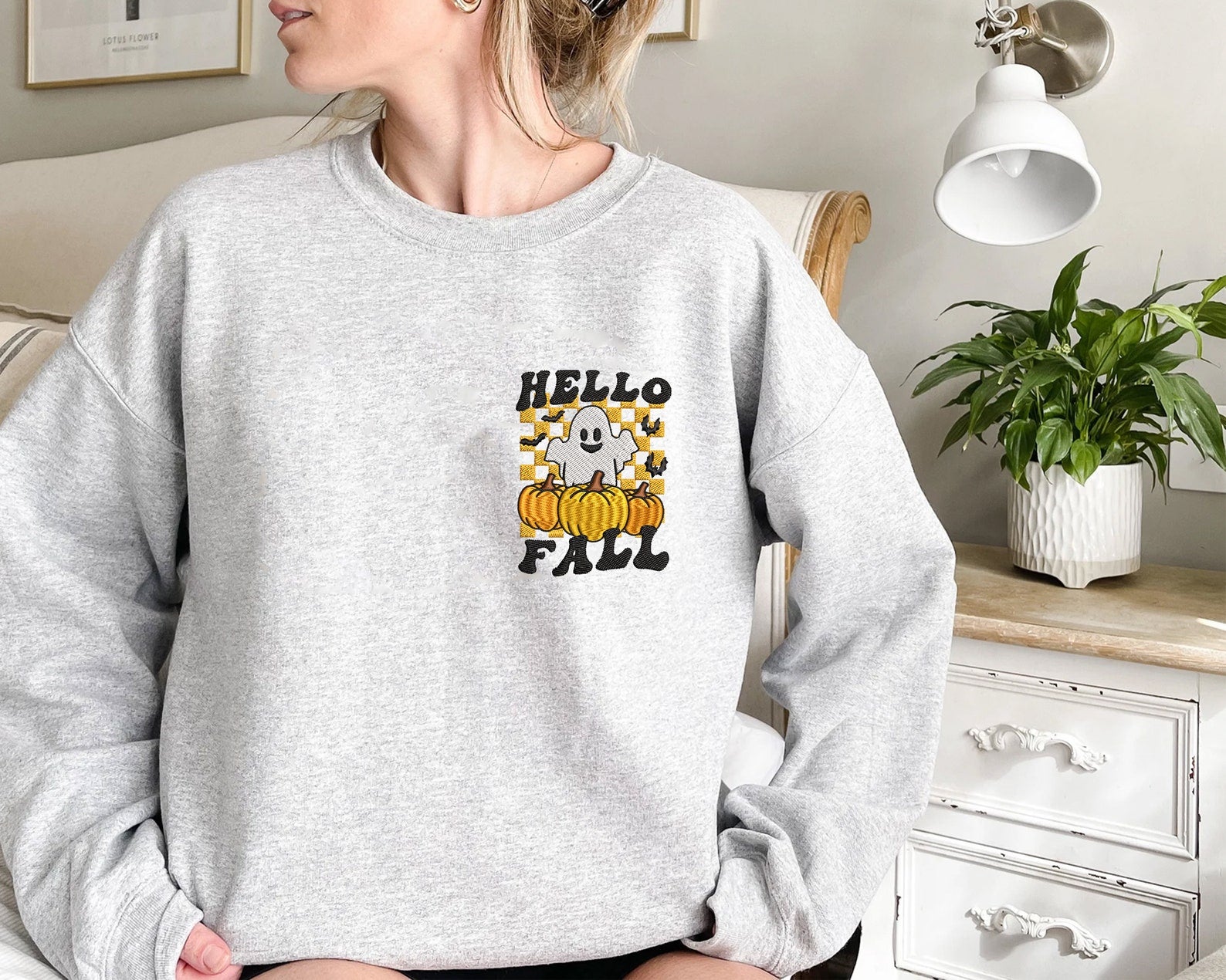 Hello Fall Embroidered Halloween Sweatshirt 2D Crewneck Sweatshirt All Over Print Sweatshirt For Women Sweatshirt For Men Sws2778