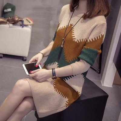 2021 New Autumn Winter Long Knit Sweater Dress Pullover Women Long-Sleeve Bead Loose Femmes Thicken Jumper Clothes Female alx