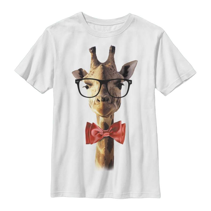 Lost Gods Boy’s Nerd Giraffe in Bow Tie  T Shirt White