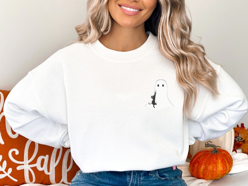 Cute Ghost & Cat Halloween Embroidered Sweatshirt 2D Crewneck Sweatshirt All Over Print Sweatshirt For Women Sweatshirt For Men Sws2711