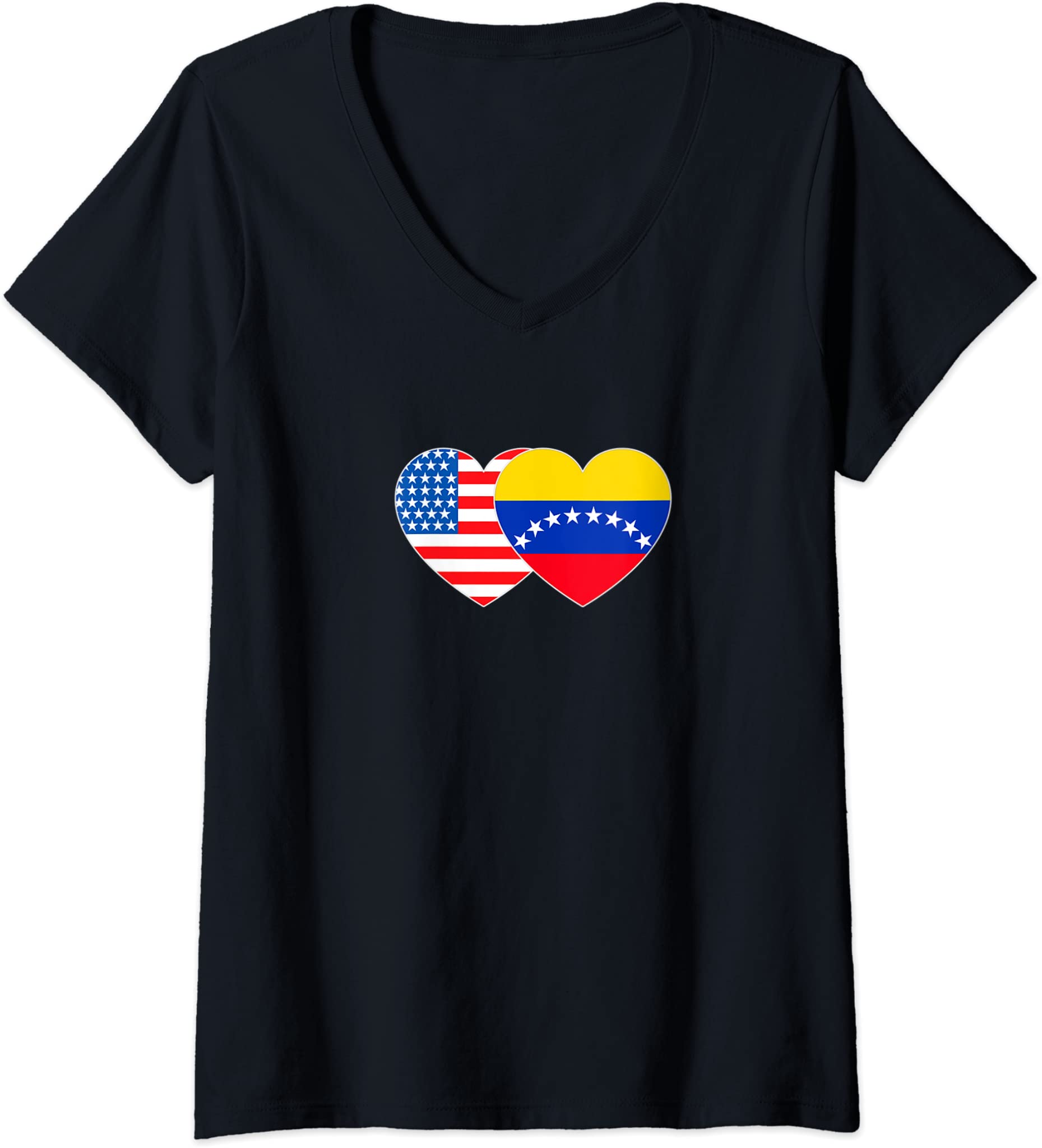 Womens Venezuela and USA Flag Twin Heart for Venezuelan Americans V-Neck T-Shirt