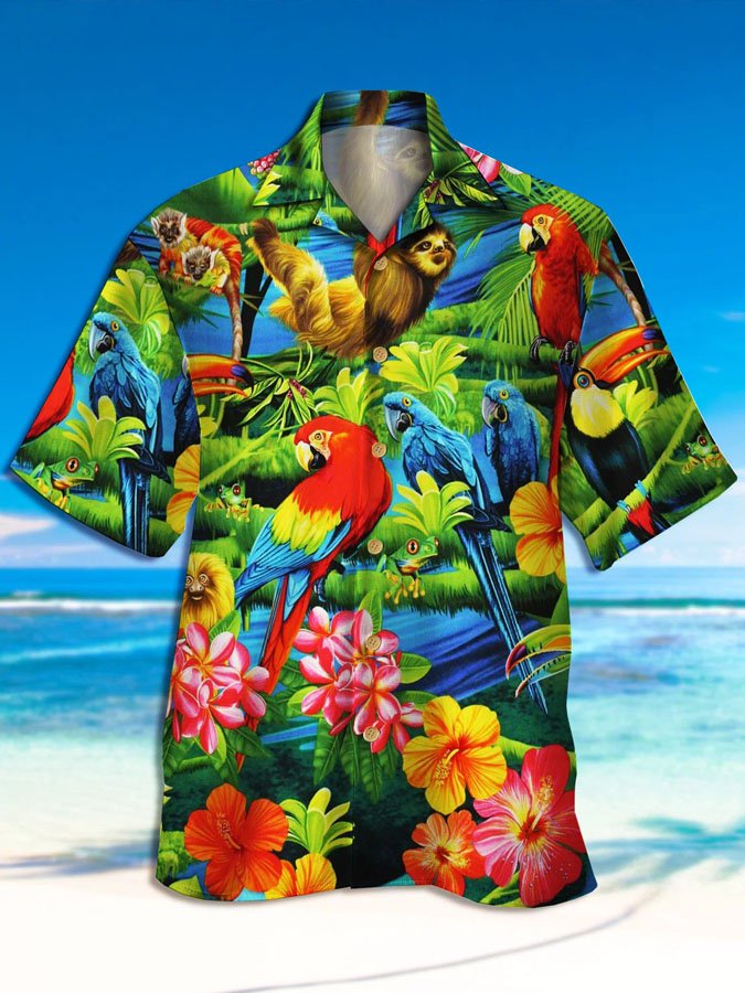 Parrot Print Casual Breathable Hawaii Short Sleeve Shirt Ha19151