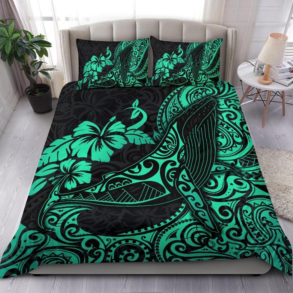 Alohawaii Bedding Set – Cover And Pillow Cases Polynesian – Hawaii Polynesian Duvet Cover Turquoise Humpback Whale – Bn15