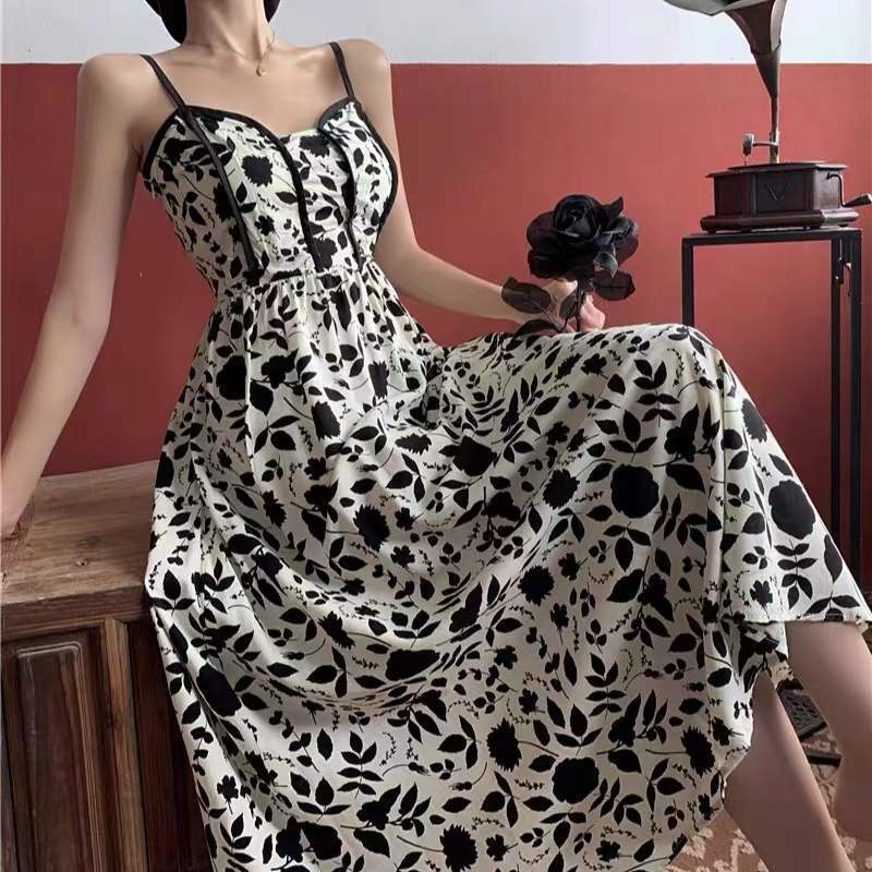 Women Vintage Floral Spaghetti Straps Elegant Long Dress Summer French Fashion Temperament Party Sexy V-neck Slim Female Vestido alx