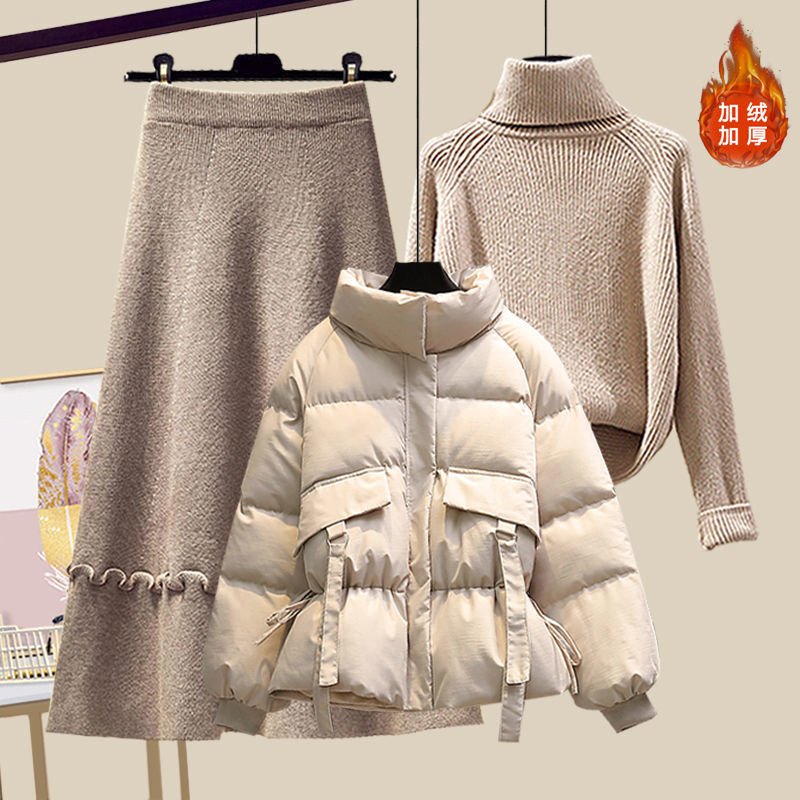 2022 New Autumn and Winter Korean High Neck Sweater Down Cotton Jacket + Fashion and Leisure Three Piece Skirt Suit alx