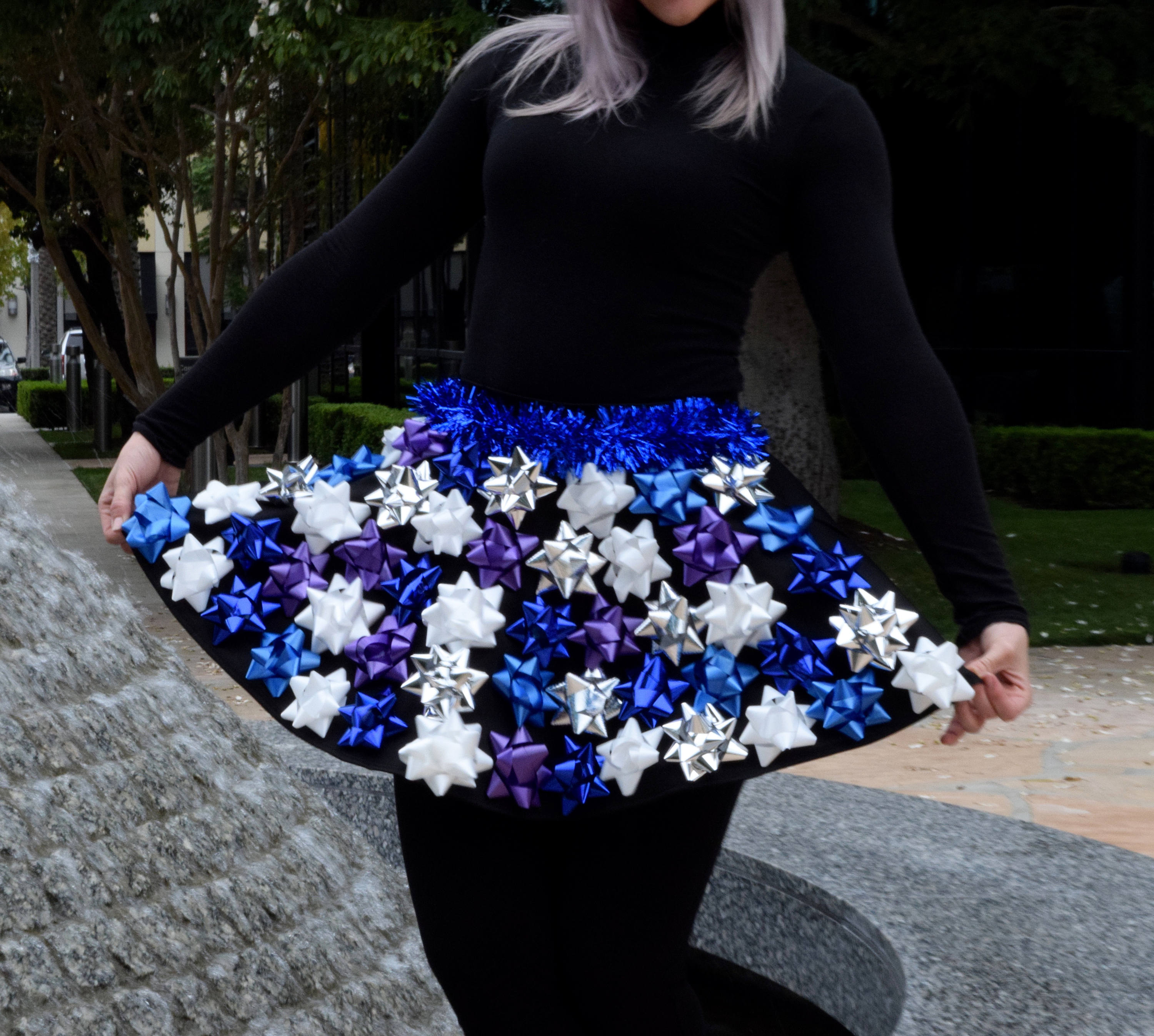 Ugly Christmas Sweater – Christmas Bow Skirt – Ugly Christmas Sweater Party – Bow Skirt Blue, Purple, Silver