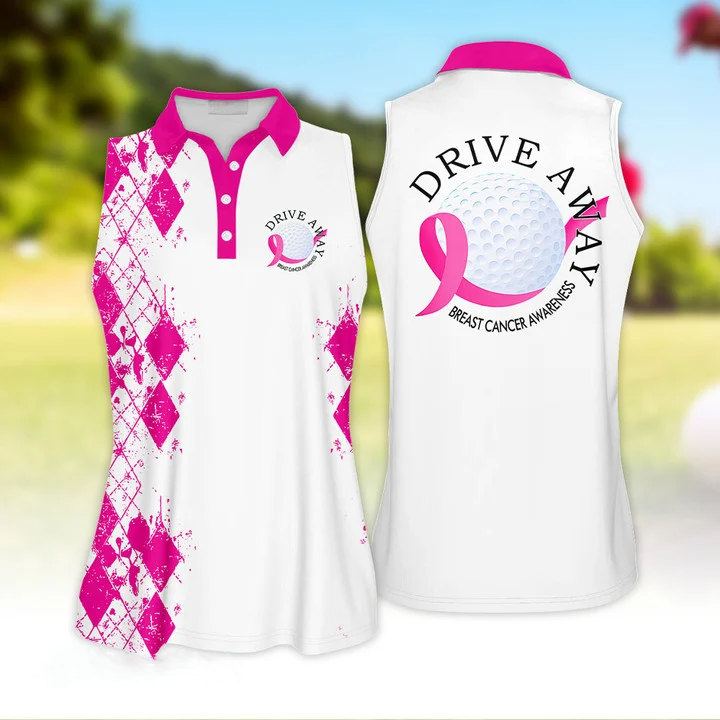 Drive Away Breast Cancer Awareness Sleeveless Polo Shirt, Breast Cancel Golf Shirt