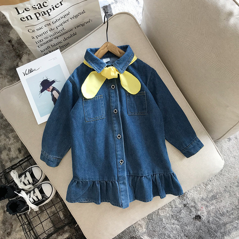 Spring New Girl Denim Dress New Girls Baby Fashion Bow Dress Girl Baby Fish Tail Dress For Spring Clothing alx