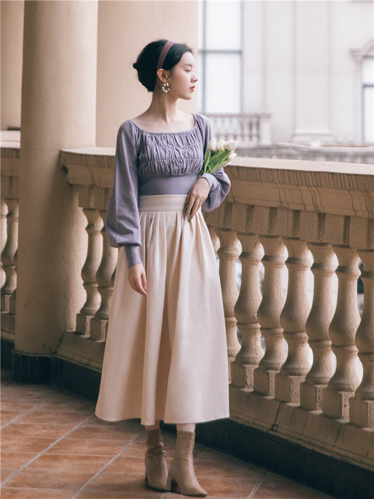 SWEETXUE 2 Piece Outfits 2020 Autumn Women Purple Sexy Square Neck Lantern Sleeve Knitted Sweater+High Waist Bow Long Skirt Set alx