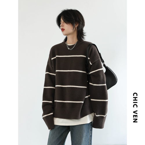 CHIC VEN Women’s Sweaters Korean Casual Soft Stripe Knitted Jumpers for Woman O Neck Female Pullovers Ladies Coat Spring Autumn alx