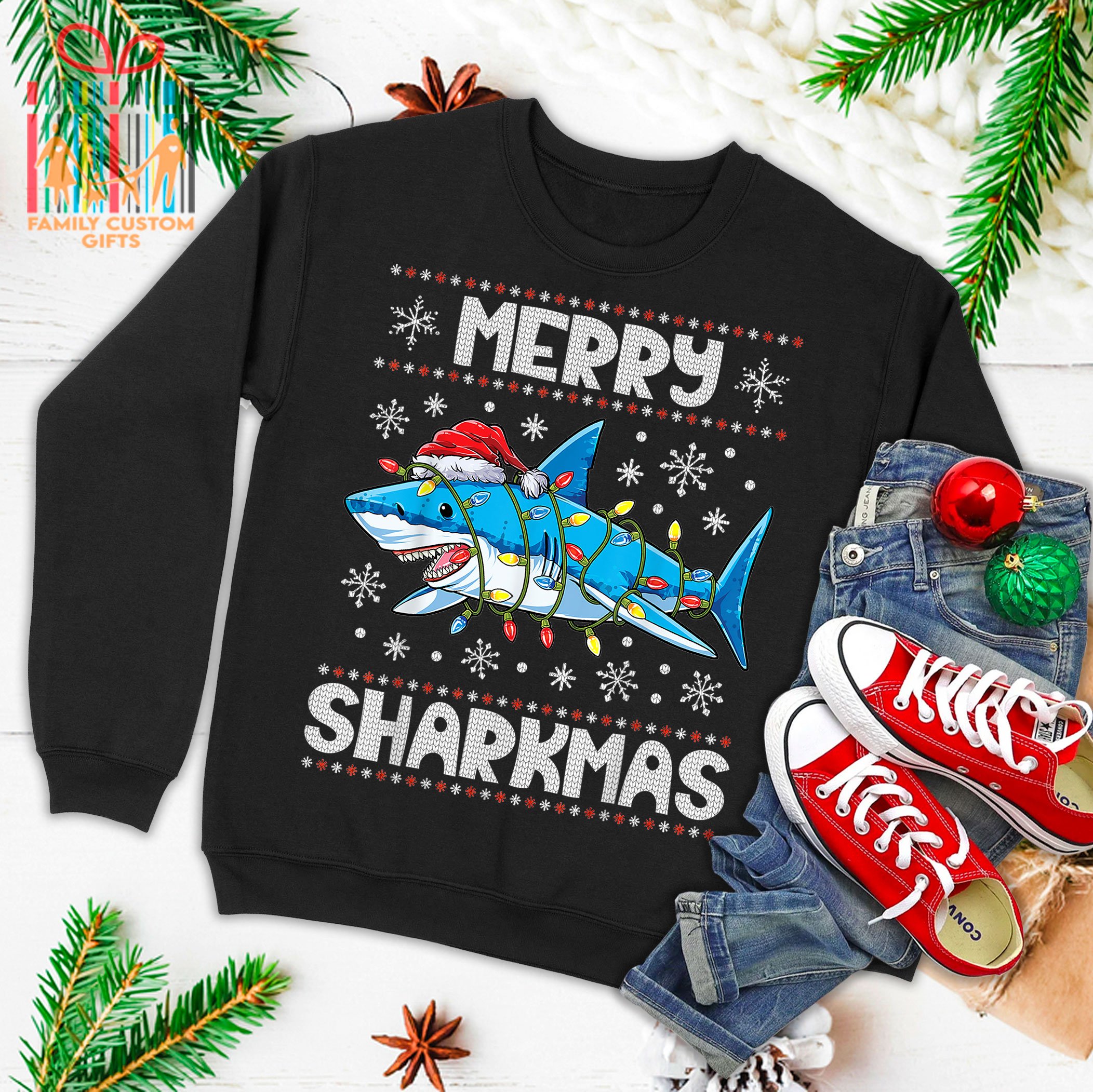 Merry Sharkmas Shark Santa Ugly Christmas Lights Boys Xmas Ugly Christmas Sweater T-Shirt