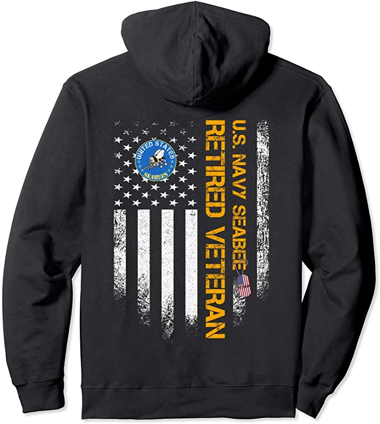 Vintage USA American Flag US Seabee Proud Retired Veteran Pullover Hoodie