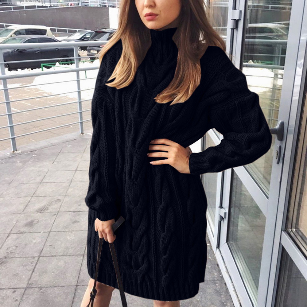 Autumn Elegant Solid Office Lady Mini Dress Women Turtleneck Warm Winter Sweater Dress Casual Long Sleeve Knitted Pullover Dress alx