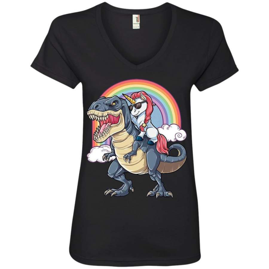 Unicorn Riding Dinosaur T Rex T Shirt Unicorns Rainbow Gifts Womens V-Neck T-Shirt