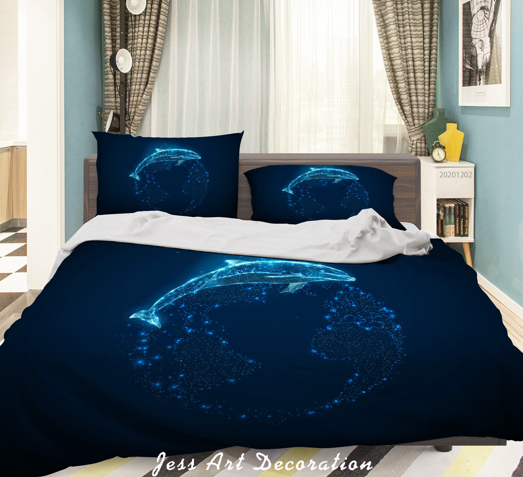 3D Abstract Blue Ocean Glowing Dolphin Quilt Cover Set Bedding Set Duvet Cover Pillowcases Lxl