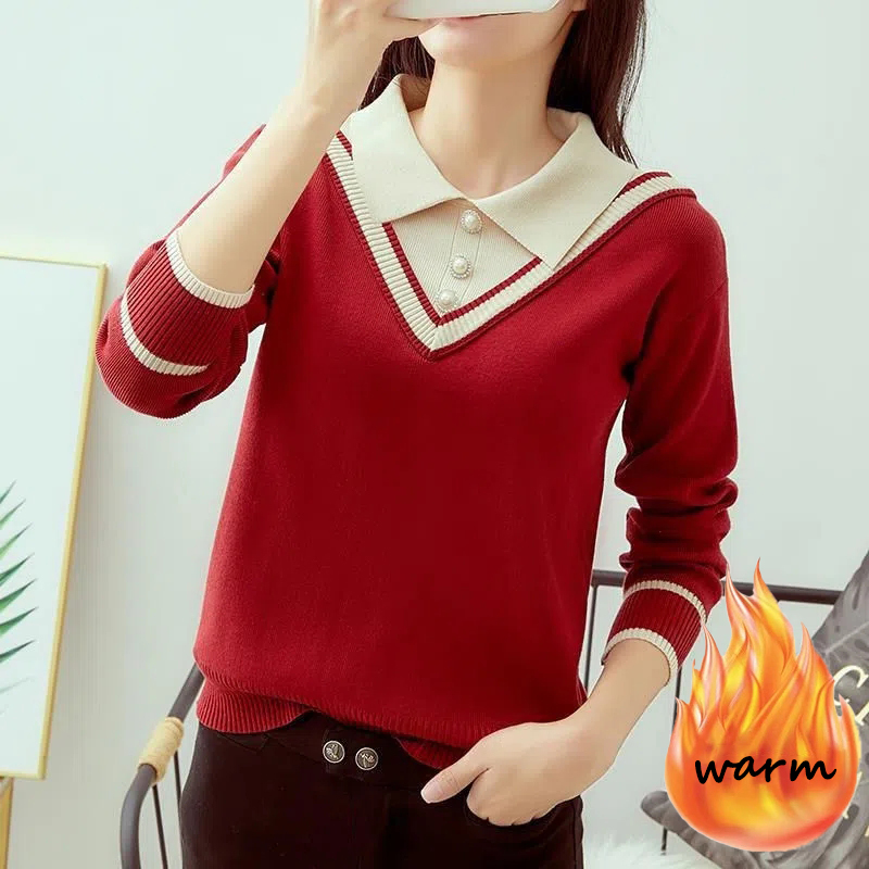 Autumn Winter Women Sweater Pullover Doll Collar Fake Two-piece Knitted Sweater Add Velvet Warm Jumper Female Long Sleeve Top alx