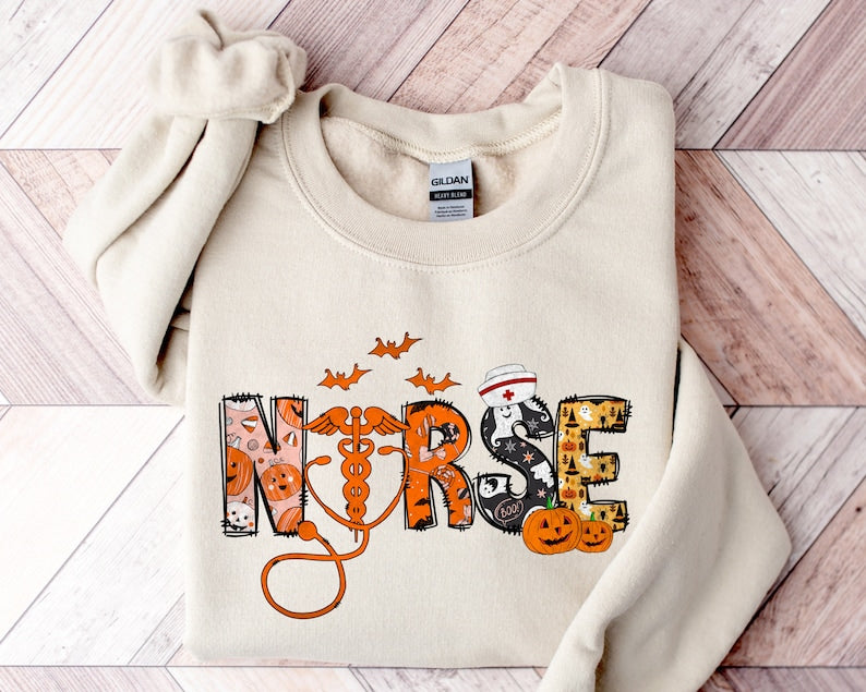 Halloween Nurse Sweatshirt, Spooky Nurse Nurse Halloween Crewneck Sweatshirt All Over Print Sweatshirt For Women Sweatshirt For Men