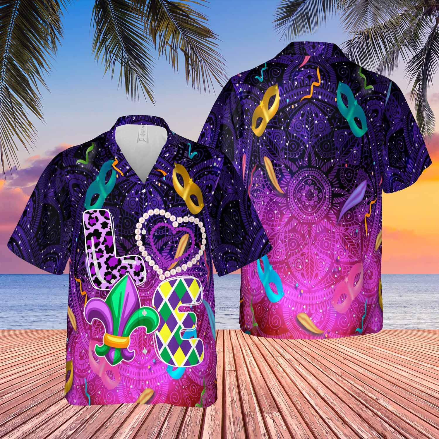 Love Mardi Gras Pink And Purple Hawaiian Shirt Gift Ha75177