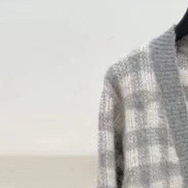 Women Gray Plaid Knit Cardigan Rhinestone Single Breasted Preppy Style Female Loose V-Neck Sweater Coat alx