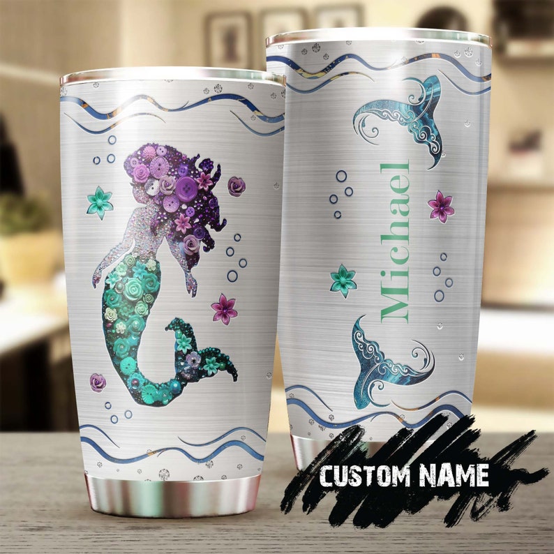 Personalized Purple Hair Mermaid Jewelry Style Shirt Button Stainless Steel Tumbler-Gift For Mermaid Lover – Unique Birthday Gift