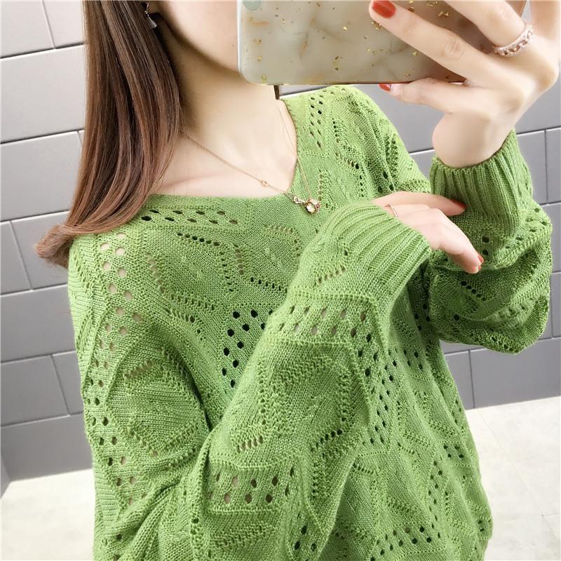 2022 Hollow Out Knitted Sweater New Pullover Autumn Winter Wear V-neck Top Loose Long-sleeved Thin Sweater Bottoming Sweater alx