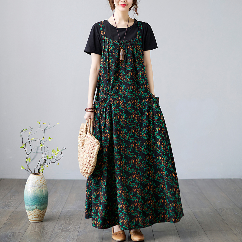 2022 New Arrival Sleeveless Outwear Spring Autumn Dress Print Floral Cotton Linen Vintage strap Dress Women Casual Summer Dress alx