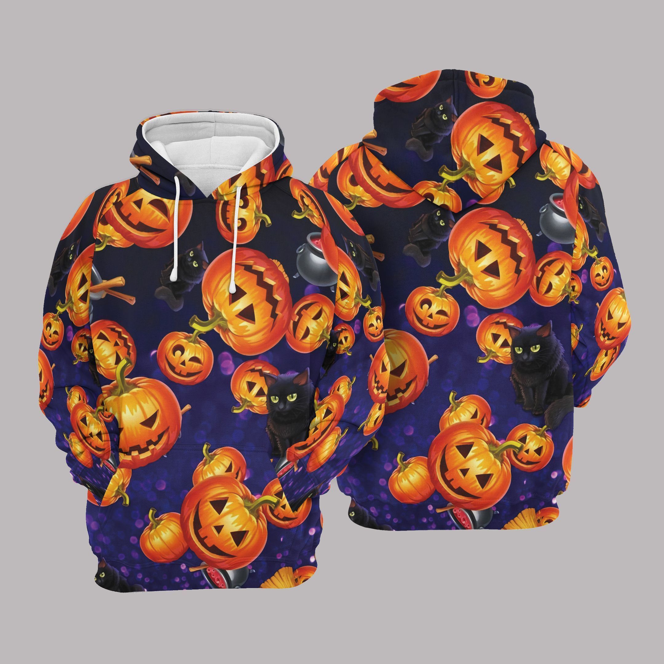 Black Cat 3D Printed On Hoodie Pumpkin Pattern, Cat Hoodies For Halloween