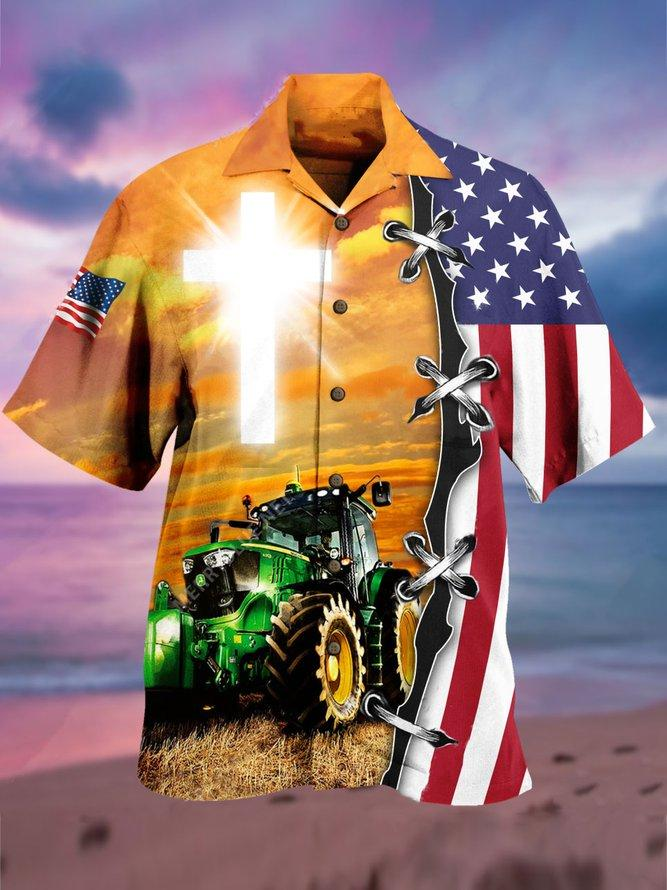 Vintage Usa Farmer Tractor Polyester Hawaiian Shirt