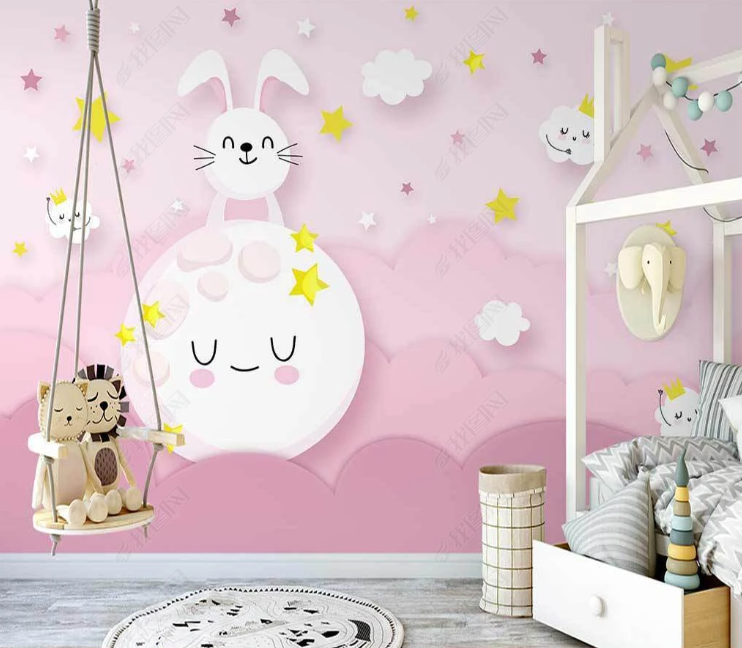 3D Cartoon Pink Cloud Animal Bunny Wall Mural Wallpaper Lqh 351