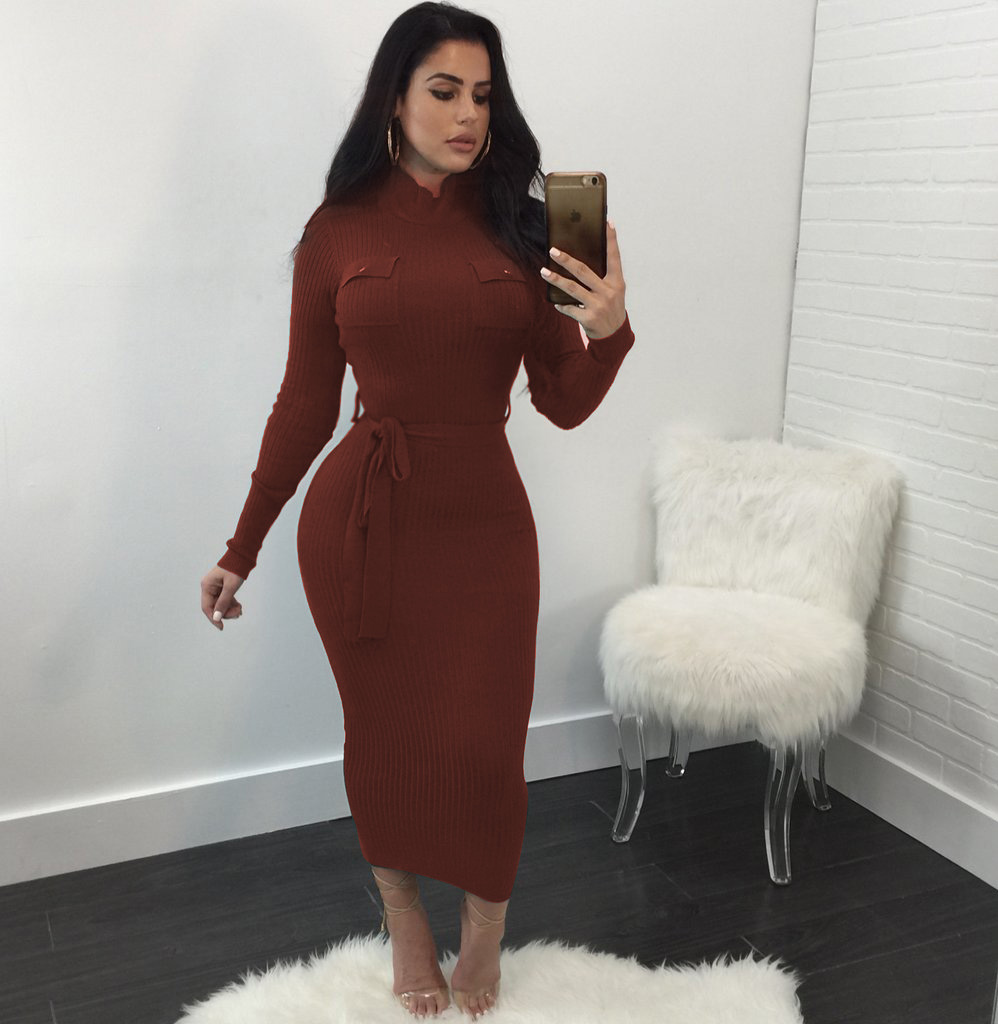 Women’s Dress Winter Knit Rib Tight Dress Round Neck Casual Package Hip Bottoming Dress alx