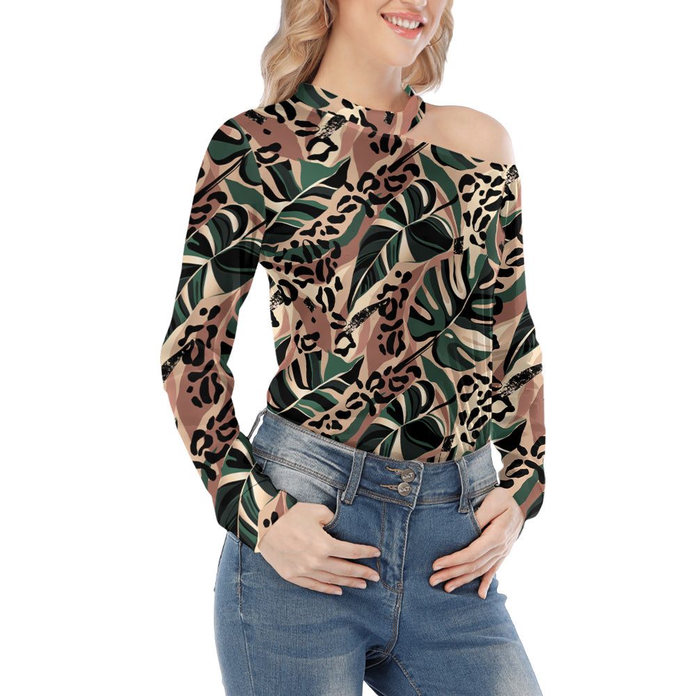 Banana Leaves Leopard Off Shoulder Knitted Long Sleeve T-Shirt