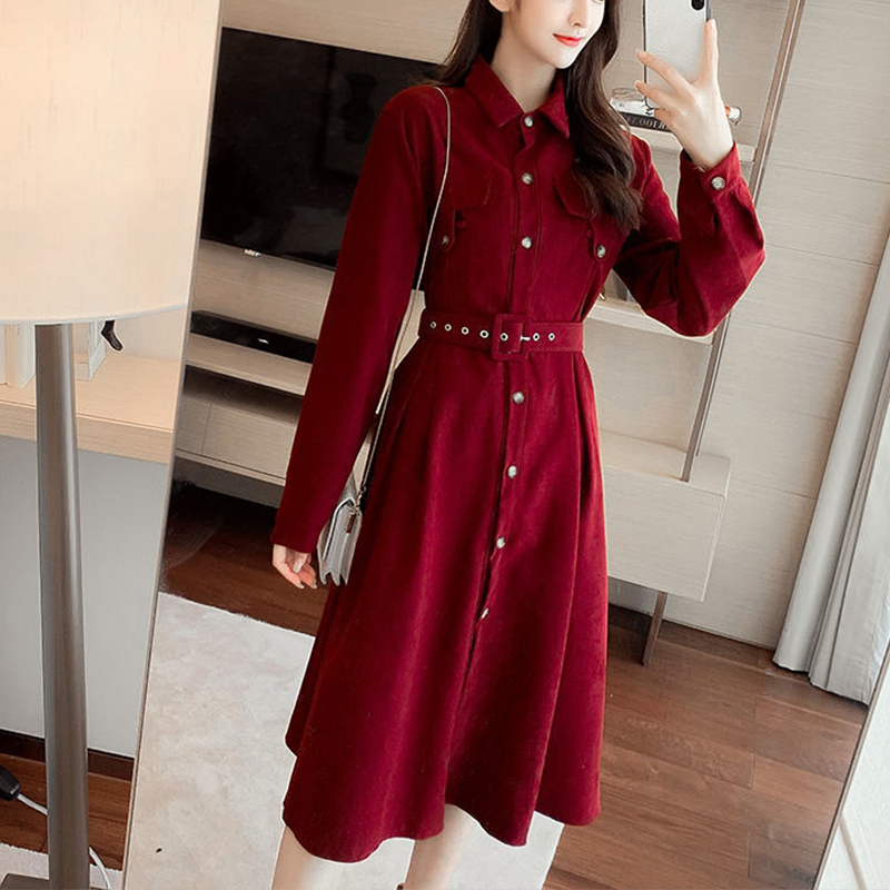 Autumn Winter Elegant Fashion Single Breasted Belt Midi Dress Women Polo Neck Long Sleeve Loose Casual Solid Dresses Robe Femme alx